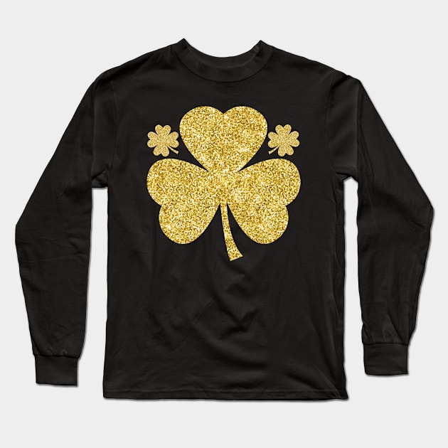 Gold Glitter Irish Lucky Clover Shamrock St Patricks Day Long Sleeve T-Shirt by Illustradise